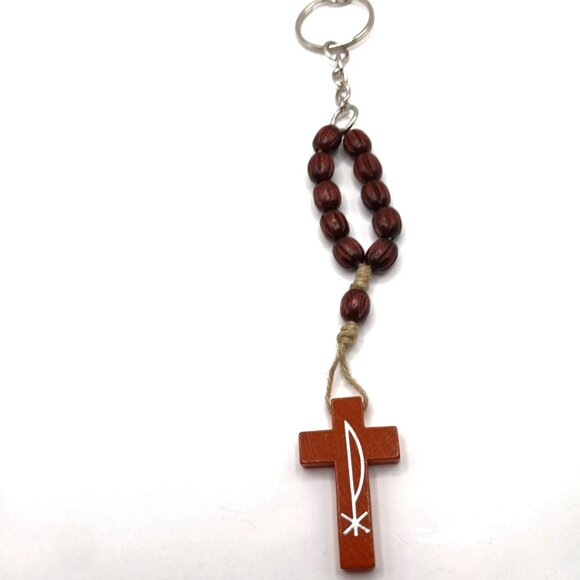 Wood Beaded + Wood Cross 8 Inch Keychain or Purse Charm - Picture 1 of 5